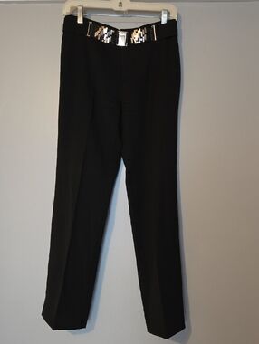 Tesori Black Women's Dress Trousers with Metallic Waist Detail